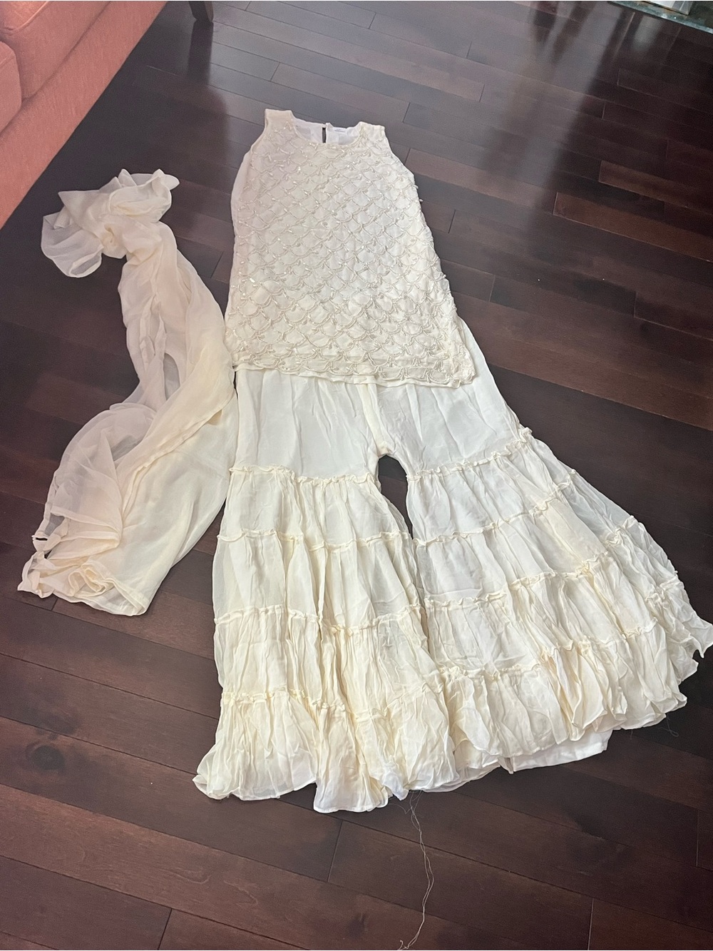 Ivory Bohemian Tiered and Palazzo shalwar with Scarf
